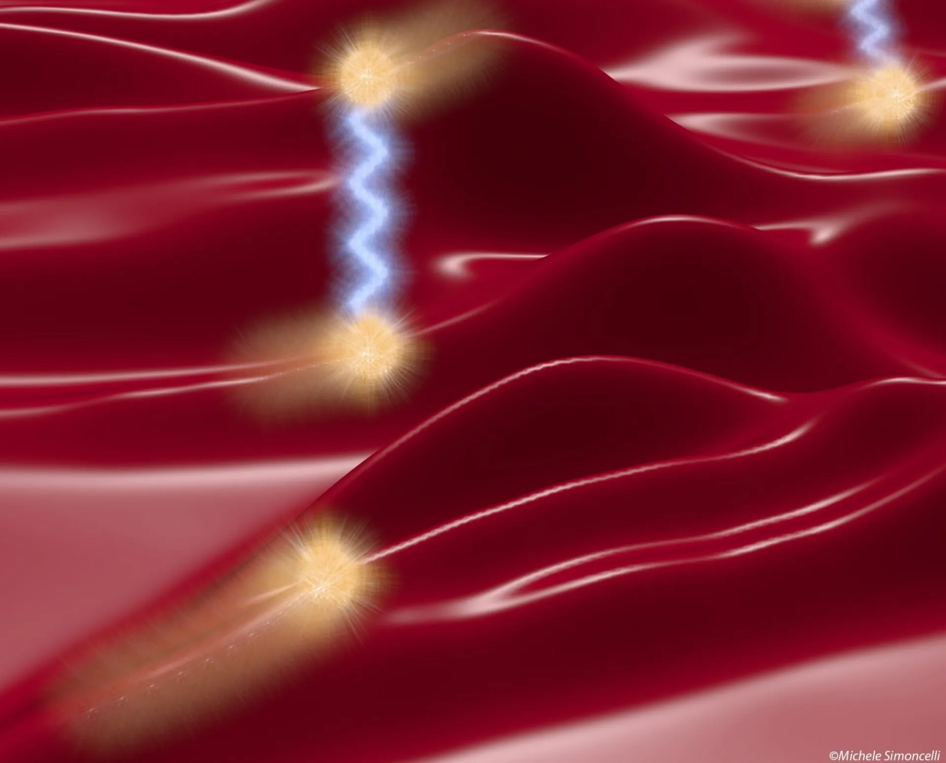 Transport phenomena in solids ranging from crystals to glasses. Artistic representation of heat conduction in dielectric solids. The ridges represent the vibrational energy levels (i.e. the phonon spectrum) of the perovskite CsPbBr3. Heat conduction originates from both vibrations’ particle-like propagation (blurred spheres) and wave-like tunnelling between different energy levels (blue waves). Simoncelli, Marzari, Mauri, Nature Physics 15 809 (2019).